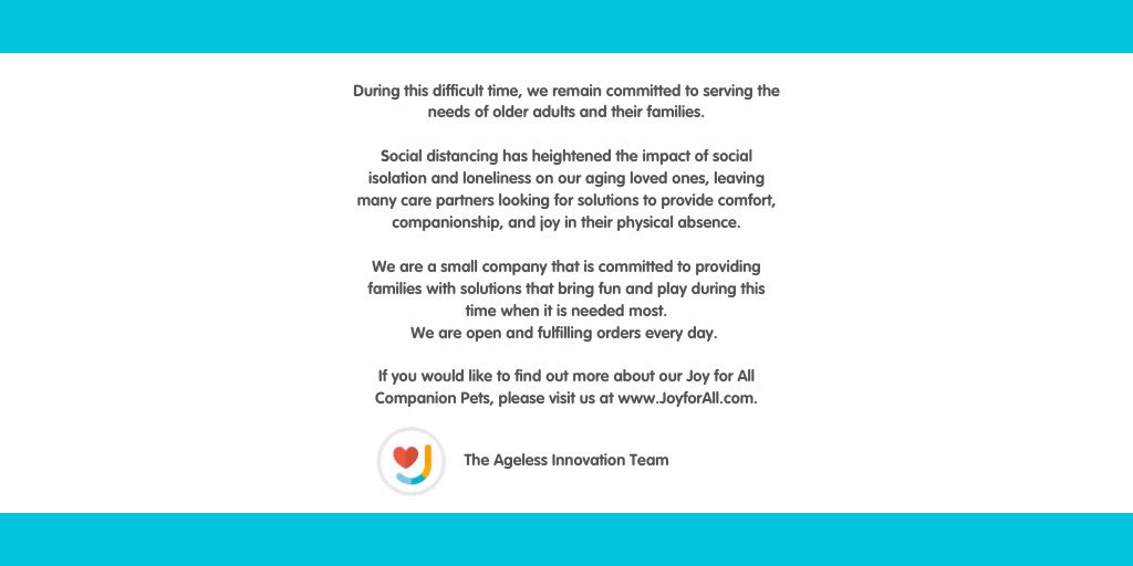 JoyForAllPets's tweet image. With social distancing heightening the impact of isolation and loneliness on our aging loved ones, we remain committed to providing fun and play during this difficult time. bit.ly/2x7WzBs