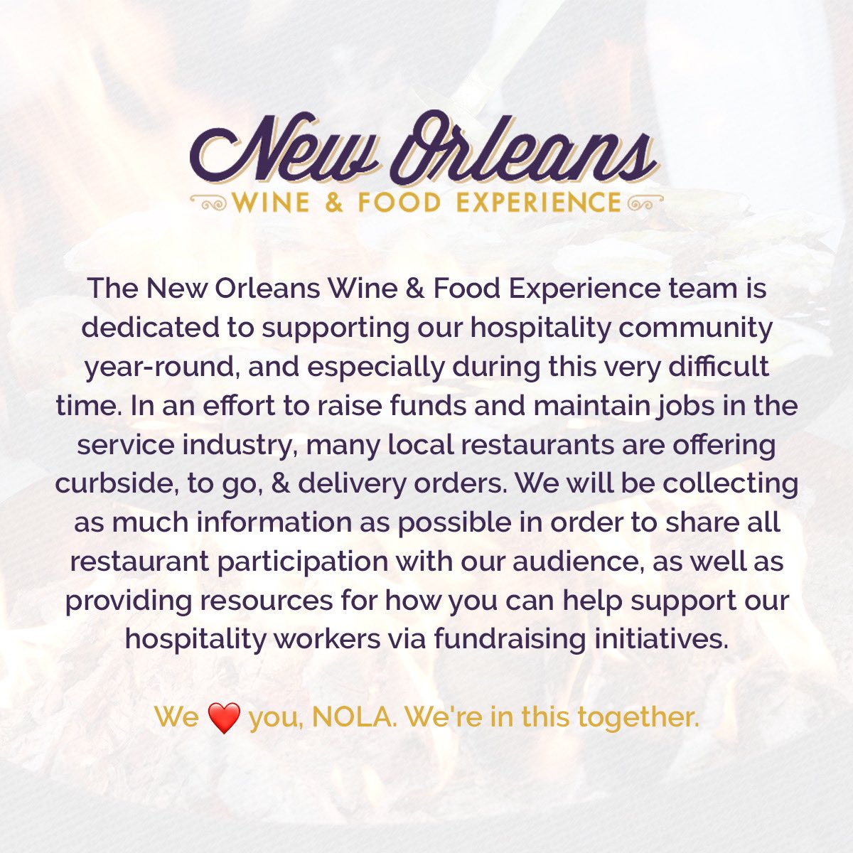 NOWFE's tweet image. Follow our stories via Facebook (Facebook.com/neworleanswine…) and Instagram (instagram.com/nowfe) for information on how you can support local restaurants. #nolaopen #nolastrong