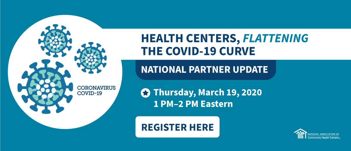 NACHC's tweet photo. Important webinar: Health Centers, Flattening the COVID-19 Curve: National Partner Update, tomorrow, 3/19, 1 PM ET.  Hear the latest on the science, status &amp; policy response from federal agency colleagues. Join from your computer: https://t.co/d9hieQIcNC
#FQHC #ValueCHCs https://t.co/pc1H5izXwP