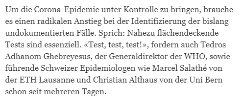 Der Bundesrat sollte endlich einen klaren Plan vorlegen, wie wir in der Schweiz rasch zu flächendeckenden Corona-Tests kommen, wie das die Wissenschaft und Mediziner schon seit über einer Woche deutlich fordern. <a href="/BR_Sprecher/">Bundesrat • Conseil fédéral • Consiglio federale</a> <a href="/alain_berset/">Alain Berset</a>  <a href="/s_sommaruga/">Simonetta Sommaruga</a>  tagesanzeiger.ch/wissen/coronav…
