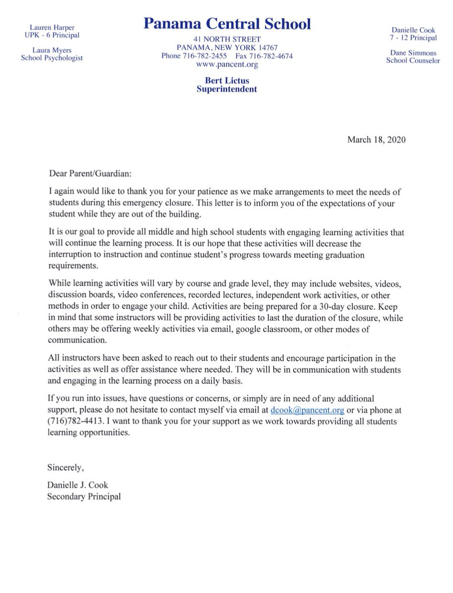 Letter from Secondary Principal, <a href="/cook_daniellej/">Danielle Cook</a>:
