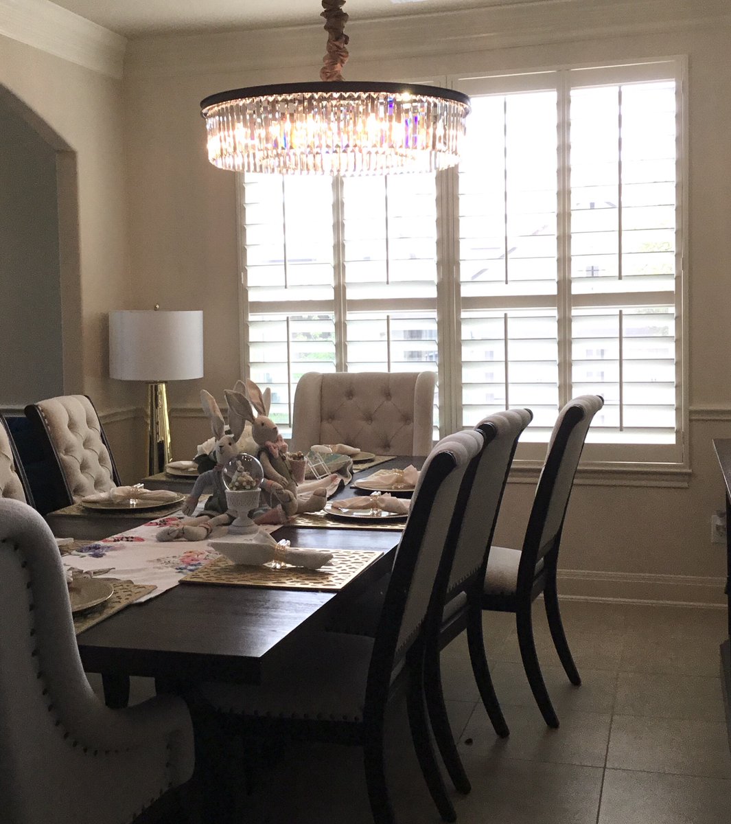 Customer just got shutters installed and has table set and ready for a cozy and quiet Easter at home. 💗🐰💐🥚
