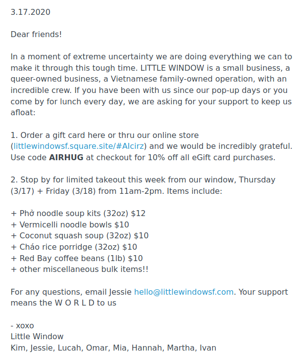 yep this is taking a real toll on service+hospitality. 

If you're in the #SFBayArea, consider a gift card (or takeout tmw/Friday) from <a href="/Eatbanhmi/">Jessie</a>. They need to cover rent and hopefully minimum wages for the Little Window crew who's out of work! squareup.com/gift/B5YV3YZXY…