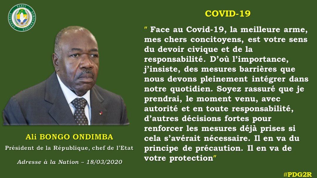 DISCOURS A LA NATION DU DISTINGUE CAMARADE PRESIDENT Ali BONGO ONDIMBA, Chef suprême de notre Grand Parti le PDG, Président de la République Chef de l'Etat. 

#PDG2R
#COVID19
#SPE