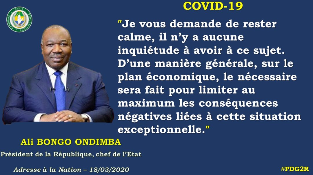 DISCOURS A LA NATION DU DISTINGUE CAMARADE PRESIDENT Ali BONGO ONDIMBA, Chef suprême de notre Grand Parti le PDG, Président de la République Chef de l'Etat. 

#PDG2R
#COVID19
#SPE
