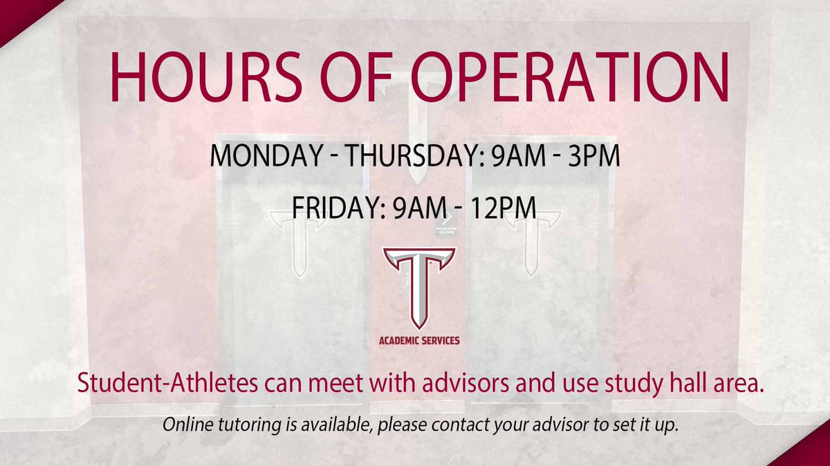 Hours of operation for the 3rd floor. Use this resource as much as you need. We are also offering online tutoring. Please contact your advisor to sign up!
#oneTROY