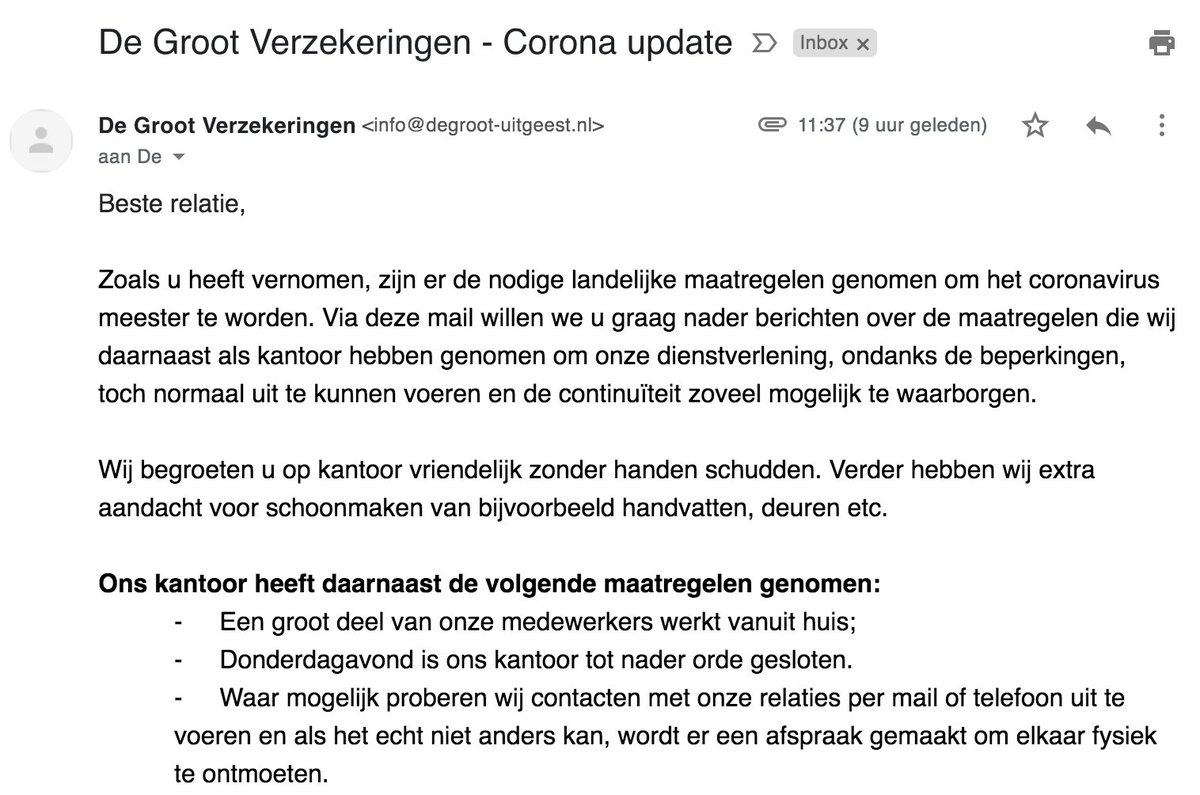 Al die bedrijven waar ik al járen niet meer ben geweest, die van die uitlegmails sturen met open deuren over 'hoe wij omgaan met corona'. 😷🤦‍♂️