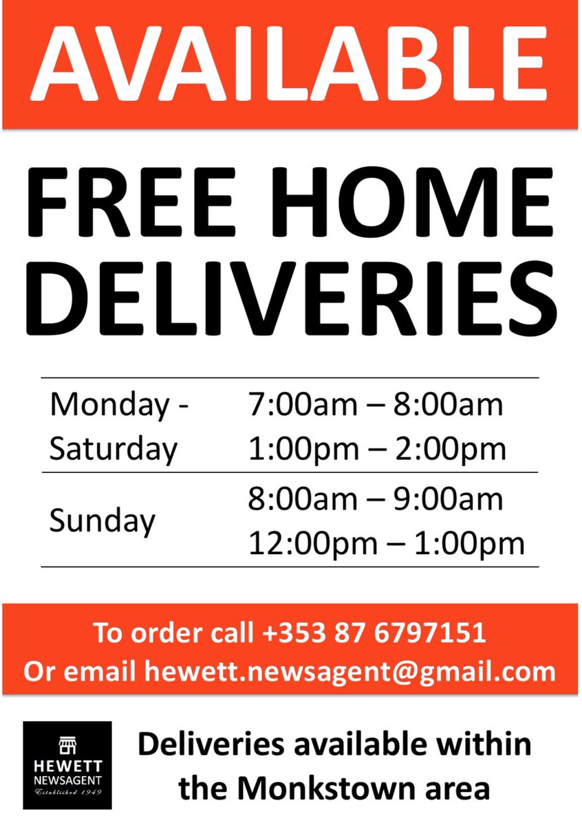 Open as normal with free home deliveries now available within the #Monkstown area! Huge thank you for all your support - stay safe ❤️