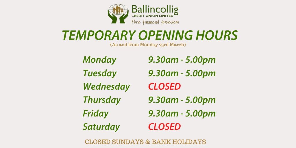 Ballincollig_CU's tweet photo. TEMPORARY OPENING HOURS

We will have the following temporary opening hours from Monday 23rd March. https://t.co/IO1eNdo3T3
