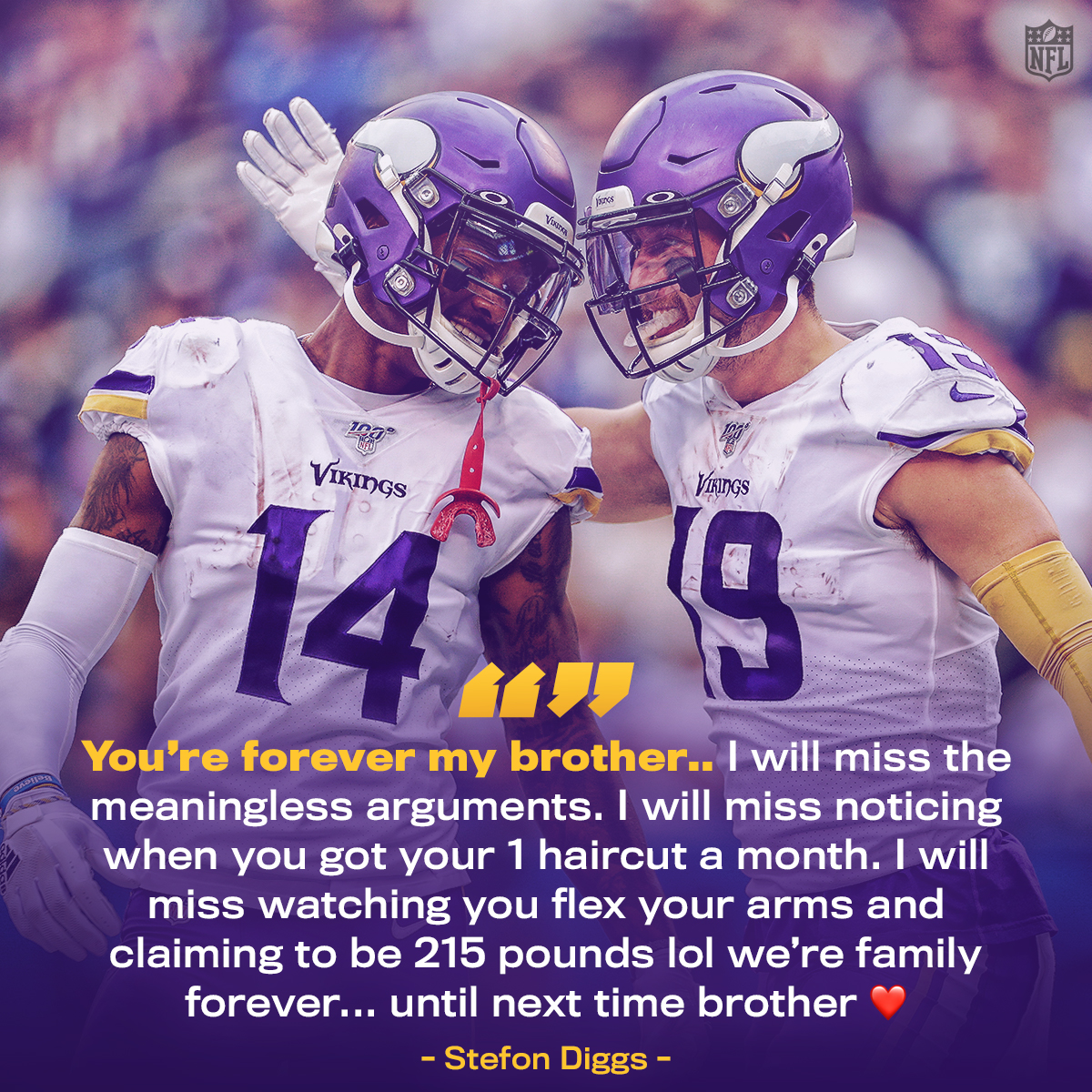 NFL's tweet image. Diggs and Thielen forever 💜💛 @stefondiggs @athielen19