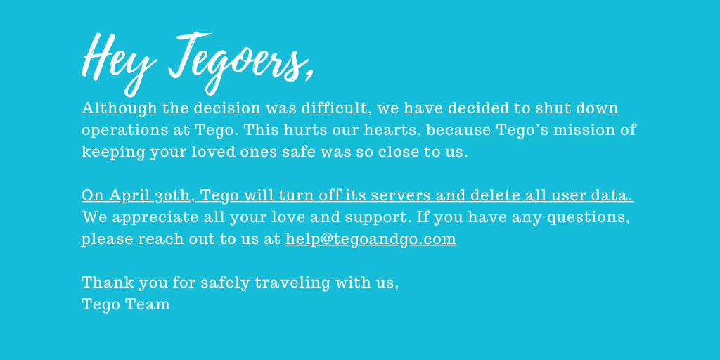 TegoAndGo's tweet photo. Tego alternatives: 

iOS - You can now share your location with your friends for one hour, EOD, or indefinitely with the Find Friends iOS app.

Android - Using Google Maps, you can share your location by tapping your account circle, location sharing, and adding your friends. https://t.co/sKtxhVDC54