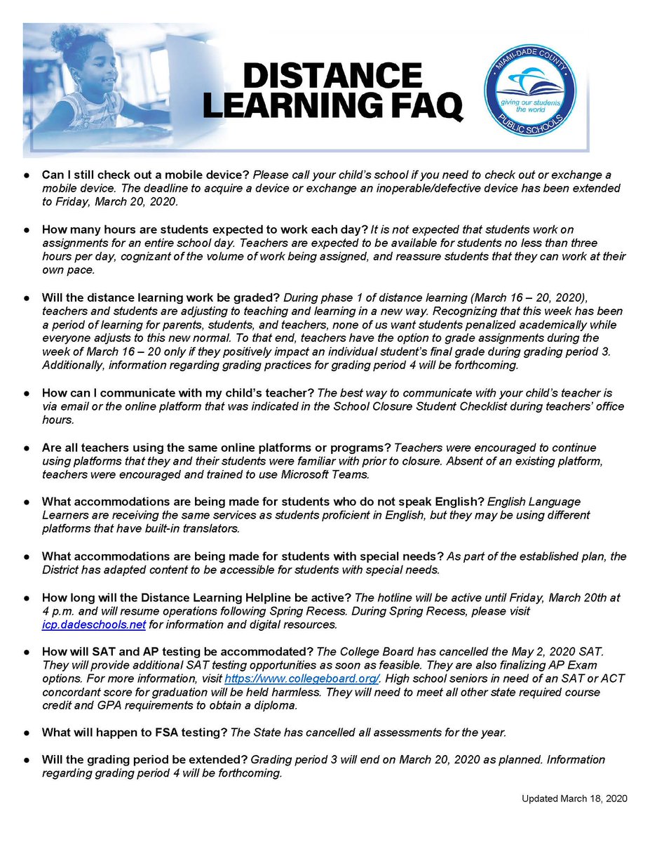 MDCPS's tweet photo. Answers to many of the Frequently Asked Questions about Distance Learning. #MDCPSLearns https://t.co/k5DnAraEHX