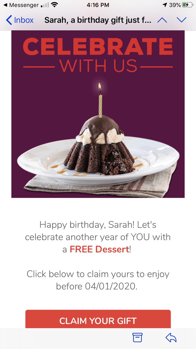 ThisIsSarahRose's tweet photo. When you can’t claim your @Chilis bday gift because you’re quarantined 😭 https://t.co/EHqwdVdrkP