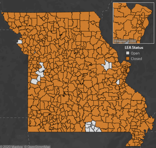 As of 3 p.m. on March 18, DESE has received confirmation from 538 of 555 Missouri districts/charters regarding closure information.

Our interactive map will continue to be updated if closing dates are adjusted or if more LEAs are added.

dese.mo.gov/communications…