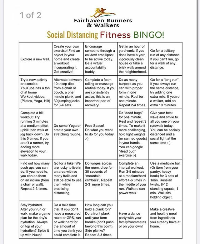 FairhavenRunner's tweet photo. We’re bringing back the Bingo! Since a lot of us are stuck at home, we decided to bring back our Bingo challenge with a few tweaks to follow proper social distancing etiquette. All you have to do is head over to our website (under events) download a Bing… https://t.co/iggdYdWq85 https://t.co/DQpiEwjE10