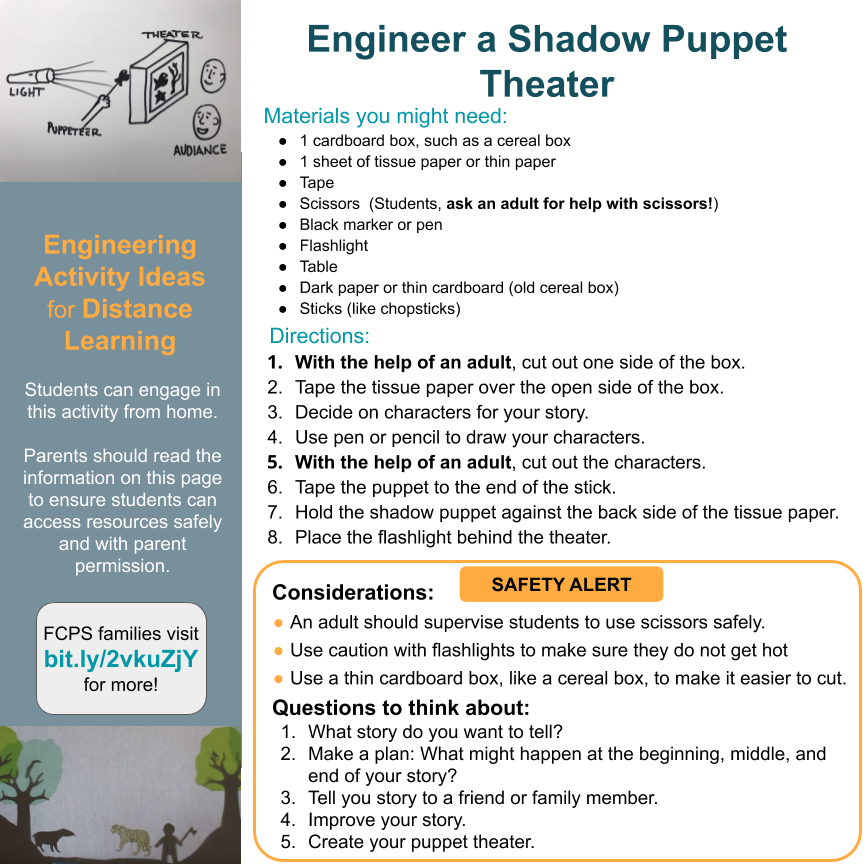 FCPSSTEAM's tweet photo. With a box, scissors, tape, markers, and a flashlight, parents can help their students engineer a shadow puppet theater. @prc_fcps @fcpsnews @FSP_FCPS @FCPS_IDTS @childengineer  @STEMconnector @childsci FCPS families visit https://t.co/lOZWKwO9J3 for more resources. https://t.co/DqYL3AwCv7