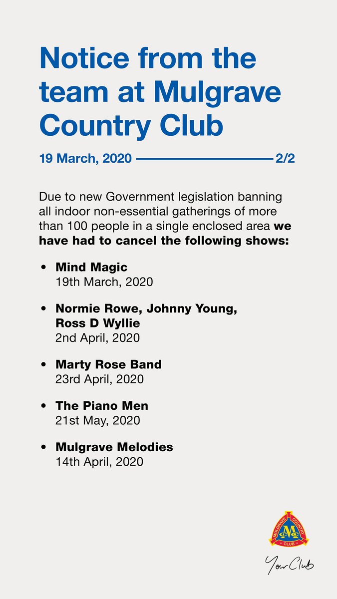 Mulgrave Country Club is taking measures to keep in line with current health practices to keep our community safe. Attached are our latest announcements regarding the day to day club operations. 19 March, 2020.