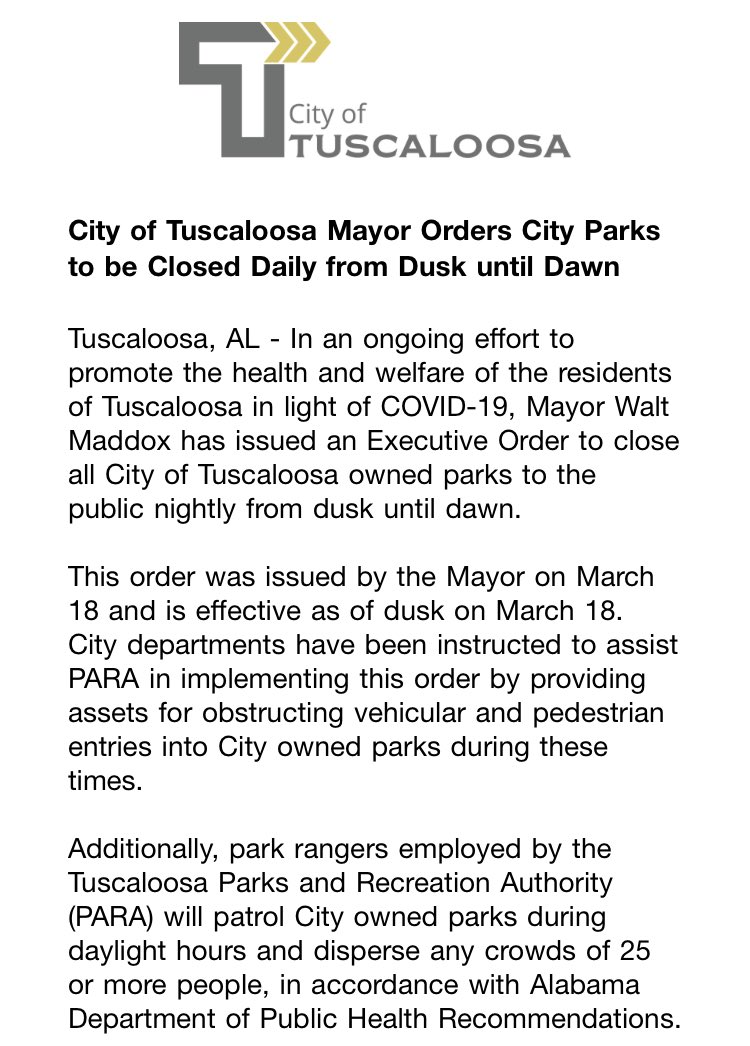 JB_Morton's tweet photo. Starting Wednesday, @TuscaloosaCity Mayor ⁦@WaltMaddox⁩ orders all city-owned parks closed from dusk ‘til dawn in what is being labeled a coronavirus protection effort. https://t.co/AFvcgACIPA