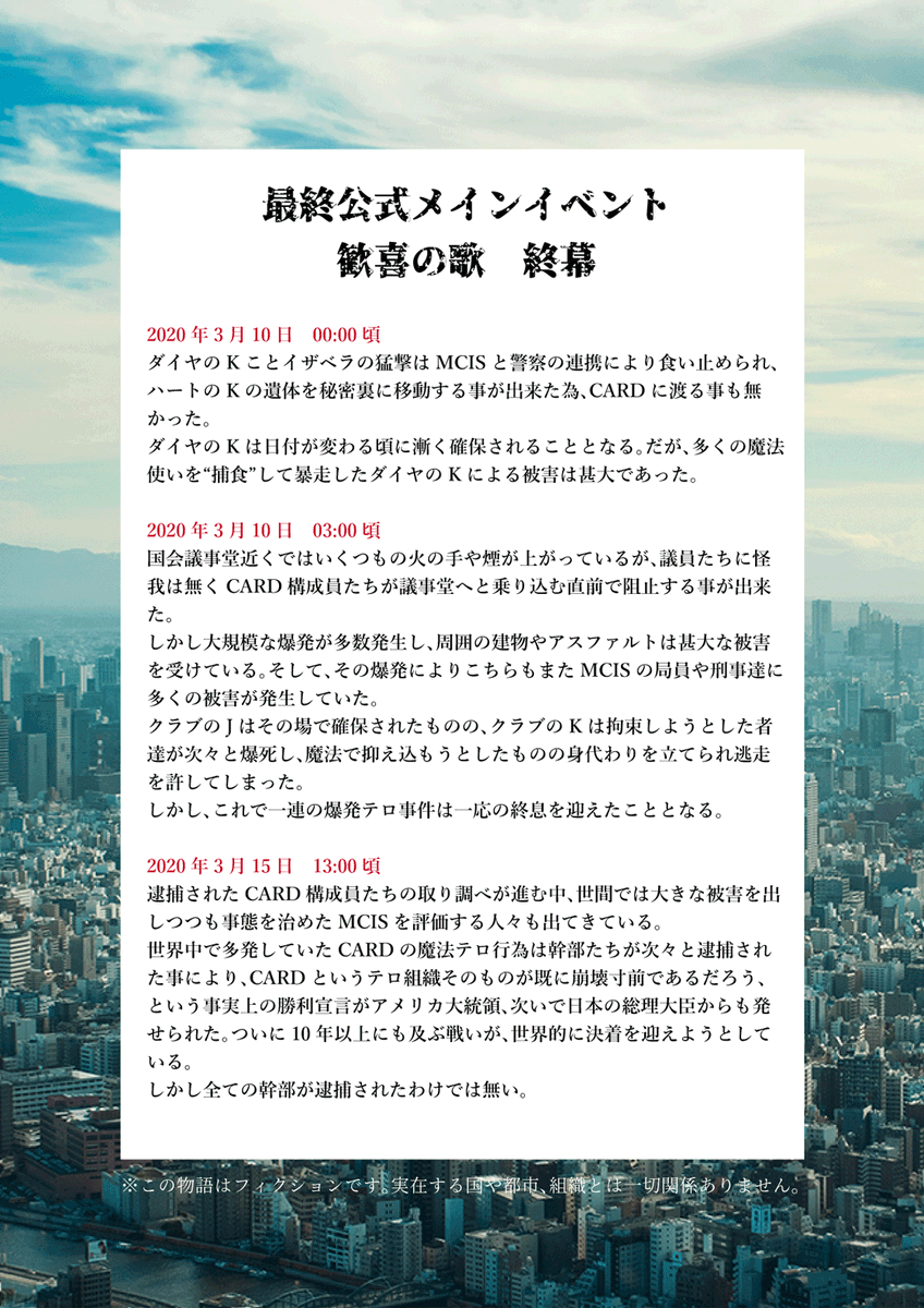 mcis_TL's tweet photo. 【最終公式イベント-歓喜の歌-】終幕
今後はイベントアフター期間となります。CARD幹部が全て逮捕されたわけではありませんが、不安因子を残しつつ終幕とさせていただきます。
#MCIS_歓喜の歌
#MCIS公式 https://t.co/L1xXRkv1XH
