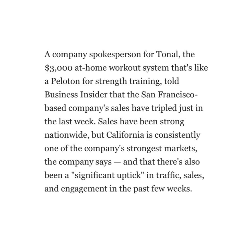 Peloton, Mirror, and Tonal are each showing signs of record weeks. Rogue, the DTC American equipment manufacturer and sporting goods store, is shifting kettlebell manufacturing to Rhode Island. This is presumably to address supply chain complexities and demand.WOFH.