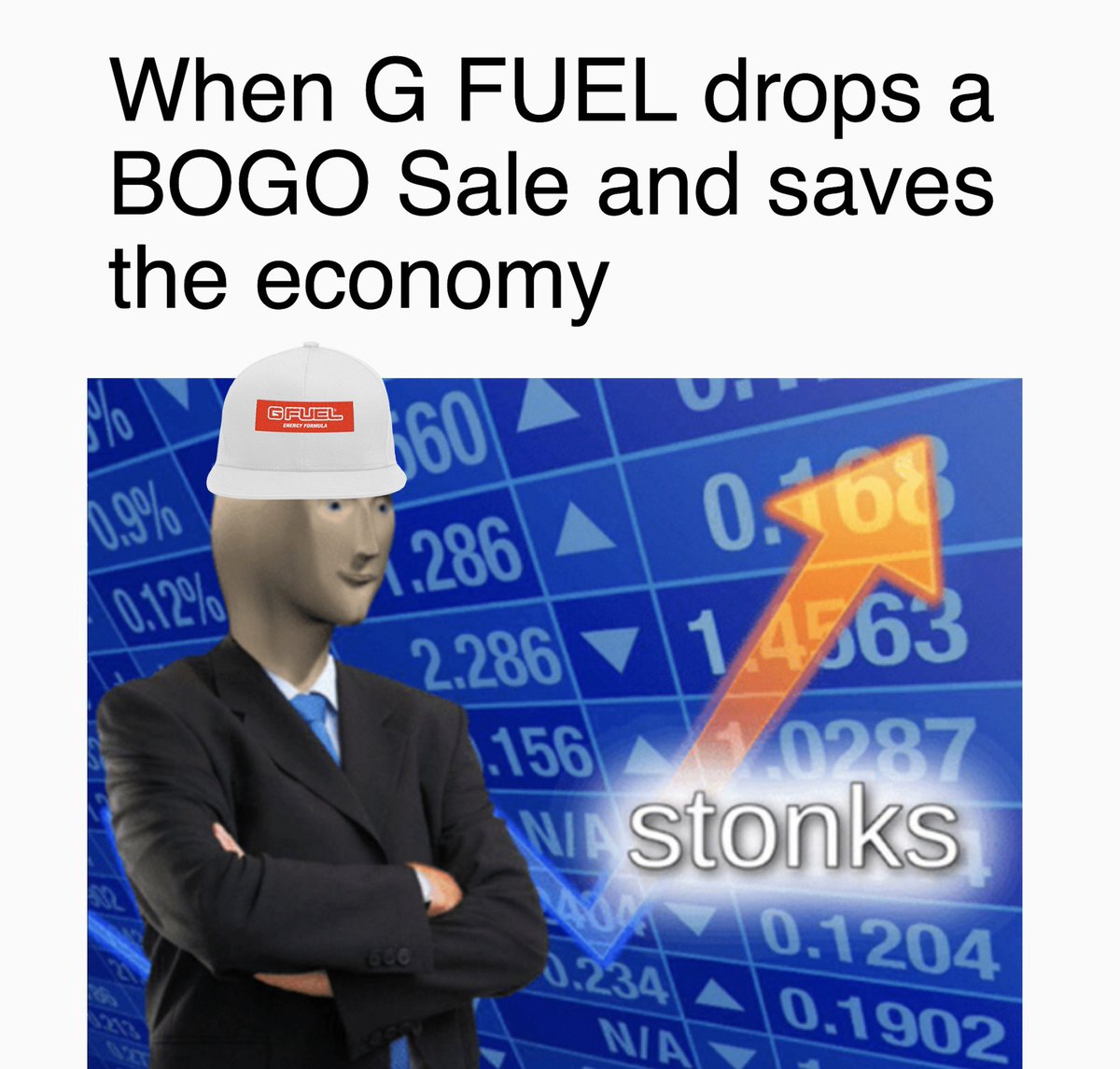 GFuelEnergy's tweet photo. 1 RT = 1 G FUEL STONK 📈 https://t.co/Z6u3FHUVFA