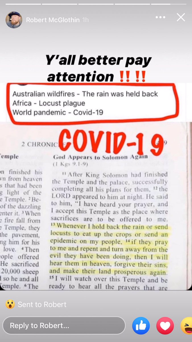 caramel19767's tweet photo. @jppenguin69 Now we can talk. 2chronicles 7:13 #coronavirus #thistoshallpass https://t.co/CYmOCQ23Cl