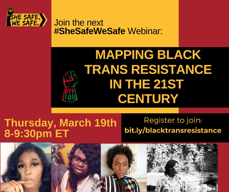 Now, more than ever, we must continue to imagine what safety, healing, and resistance looks like for all Black people, specifically Black trans women and non binary people. Join the #SheSafeWeSafe team in mapping Black Trans Resistance TOMORROW at 8pm ET bit.ly/blacktransresi…