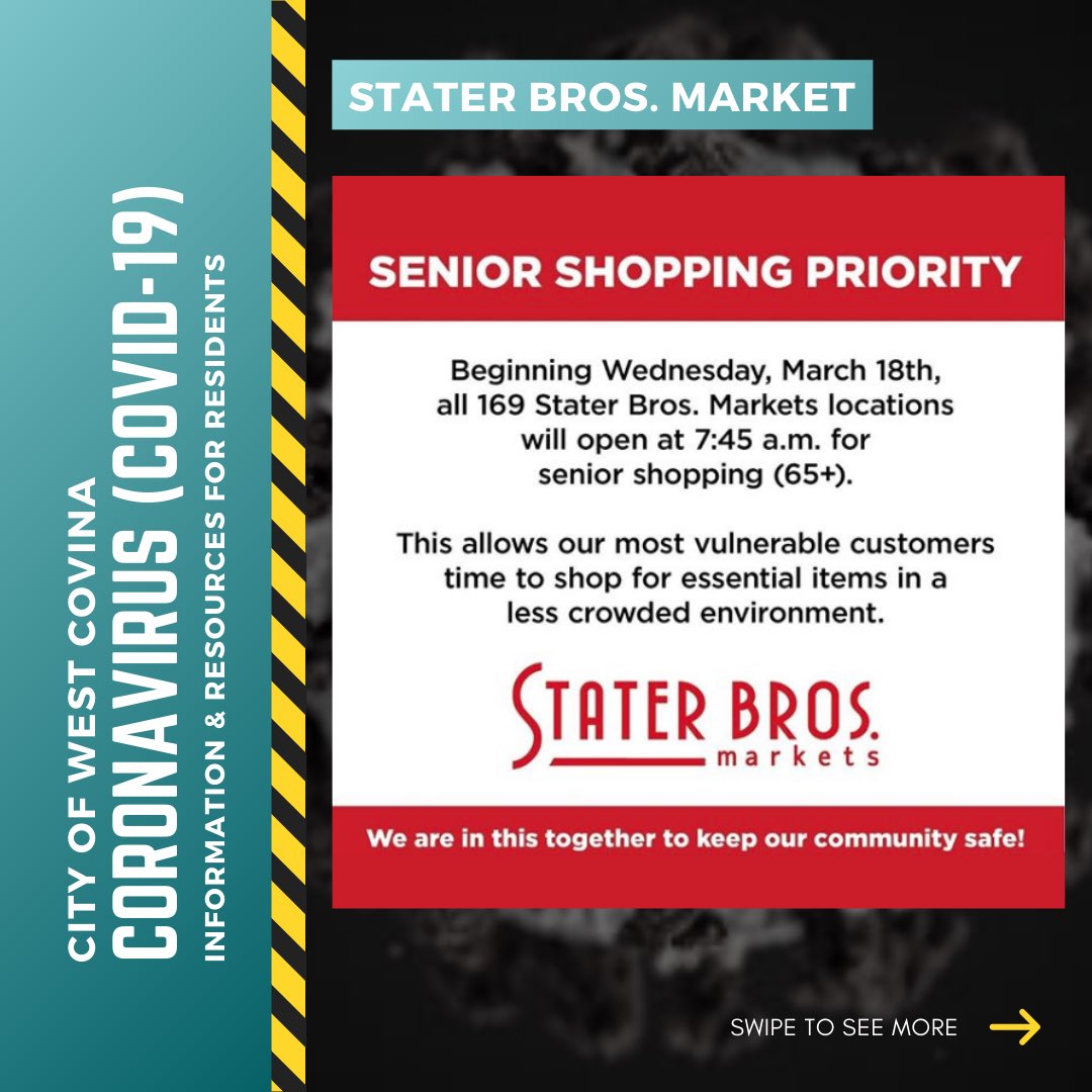 WestCovinaCity's tweet photo. Attention to all at-risk individuals to COVID-19 🦠. Swipe left to see what grocery stores in West Covina are providing special hours. To find an updated list, visit https://t.co/l2Rc3BF2HF  #COVID19WC @NorthgateGlzMrk @vons @StaterBrosMkts https://t.co/4AZth2azpy