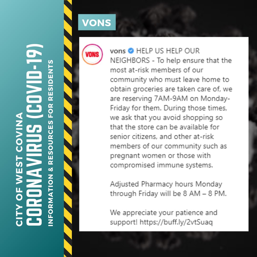 WestCovinaCity's tweet photo. Attention to all at-risk individuals to COVID-19 🦠. Swipe left to see what grocery stores in West Covina are providing special hours. To find an updated list, visit https://t.co/l2Rc3BF2HF  #COVID19WC @NorthgateGlzMrk @vons @StaterBrosMkts https://t.co/4AZth2azpy