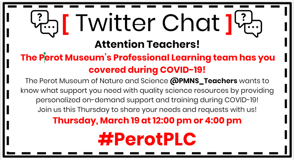 YWLAArnoldGirls's tweet photo. The Perot Museum Professional Learning team invites teachers to join their Twitter chat on Thursday, March 19th at 12:00pm or 4:00pm. The Hashtag is #PerotPLC @PMNS_Teachers https://t.co/lWLaAzY6Ht