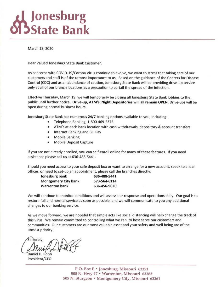 JonesburgStBank's tweet image. Update regarding COVID-19 from Daniel Robb, President and CEO of Jonesburg State Bank, follow the link below for more info on how to get all your banking done online - bit.ly/3adcJZj