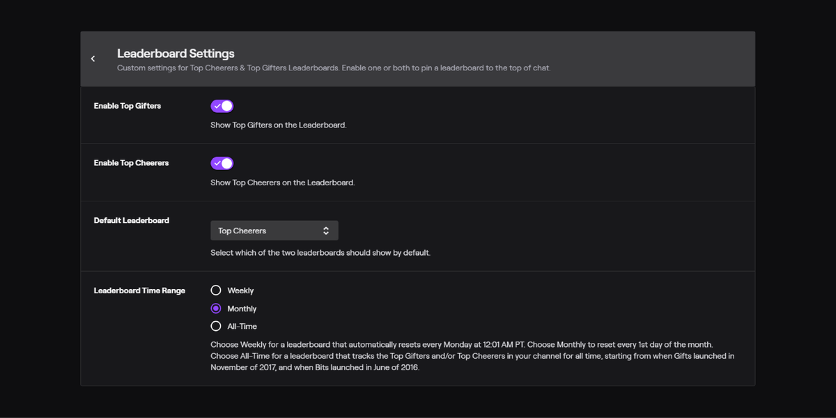 Twitch Support We Ve Added More Settings For Channel Leaderboards Partners Affiliates Can Now Select Either Top Gifters Or Top Cheerers As The Default Leaderboard Additionally You Can Now