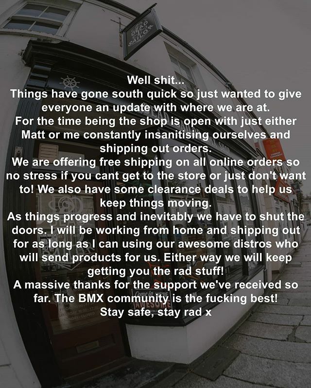 Well shit... Things have gone south quick so just wanted to give everyone an update with where we are at. 
For the time being the shop is open with just either Matt or me constantly insanitising ourselves and shipping out orders.
We are offering free shi… ift.tt/33rVbpq