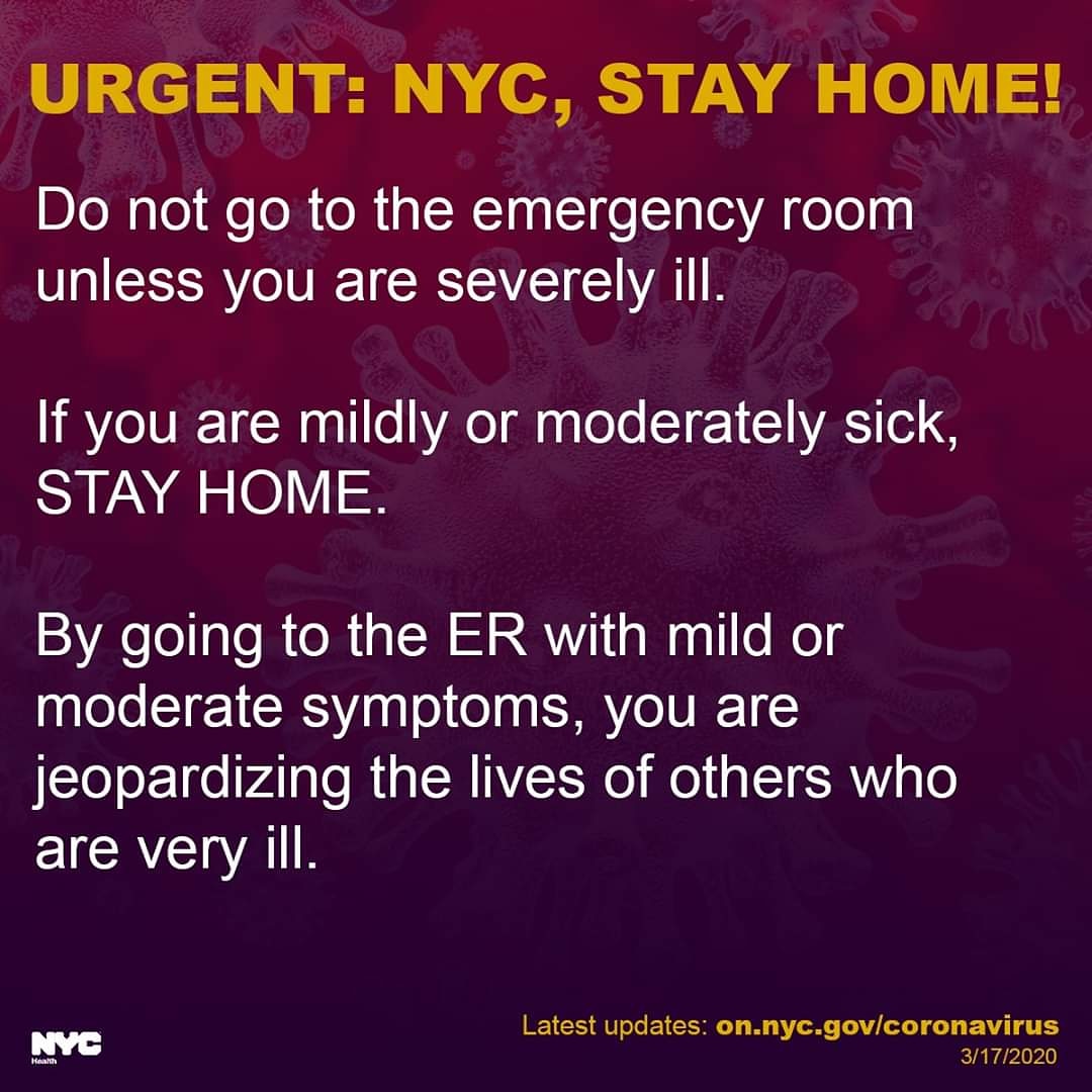 lacayom's tweet photo. NYC: STAY HOME!

Do not go to the ER unless you are severely ill! If you are mildly or moderately sick, STAY HOME.

By going to the ER with mild or moderate symptoms, you are jeopardizing the lives of others who are very ill.

What you need to know: https://t.co/uLSWmSvu0W https://t.co/vDeYJmMiBZ