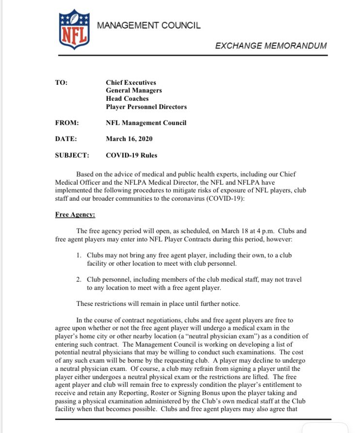 NFL Free Agency Disrupted.Contracts agreed to in principle are formalized once players pass physicals. However, per the NFL's memo, medical exams are being overhauled due to COVID-19. Teams were told to not make "official" announcements. So Brady to TB is not yet "official"  https://twitter.com/AtlantaFalcons/status/1240378614161518601