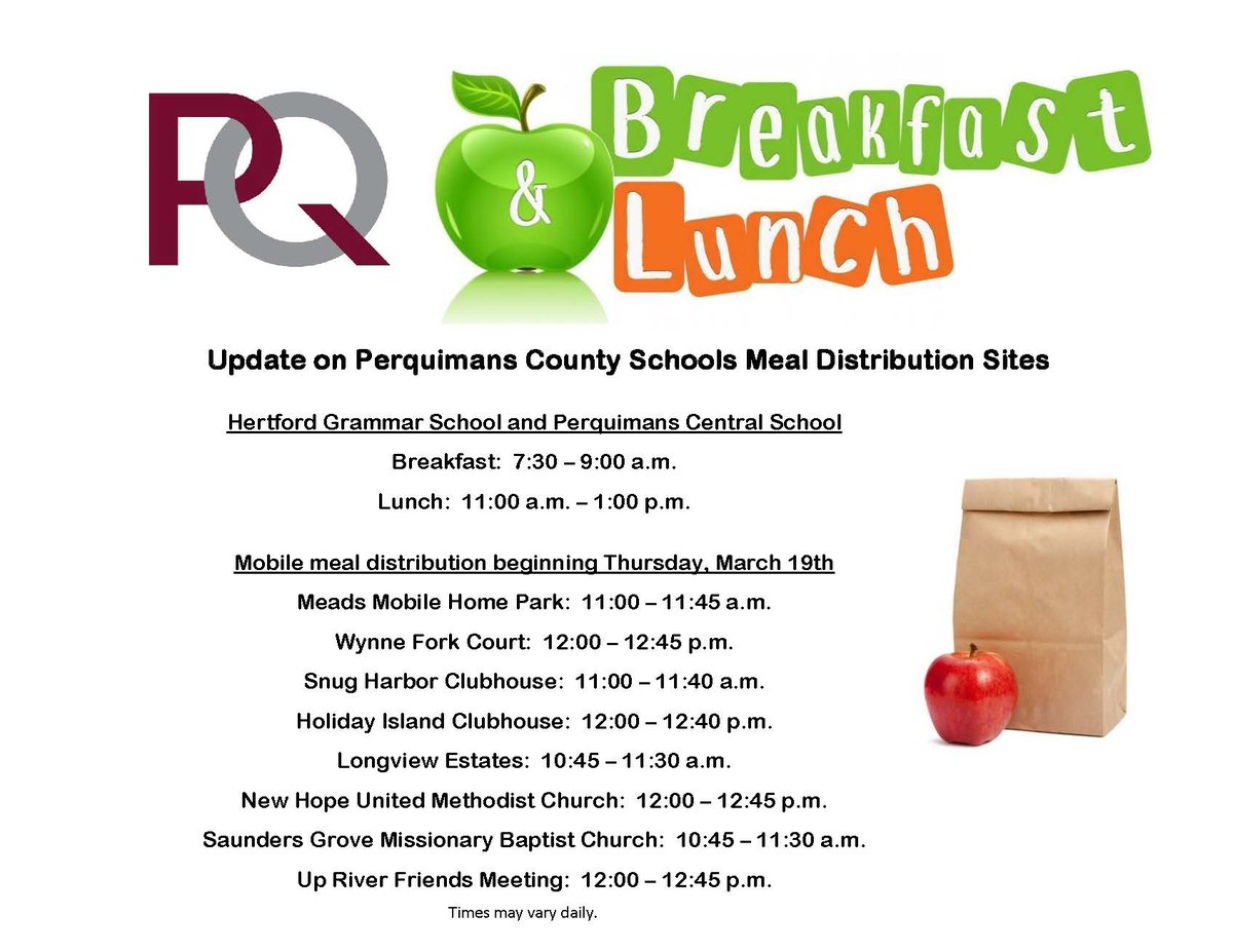 Tanya Turner (@tanyatturner) on Twitter photo Update on PQ Schools Meal Distribution Sites: Beginning tomorrow, March 19th, PQ students can pick up lunch from 10 different sites throughout the county. Hot breakfast will continue at PCS and HGS. See announcement below for details. <a href="/pqschools/">Perquimans Schools</a> #EveryChildEveryChanceEveryDay Update on PQ Schools Meal Distribution Sites: Beginning tomorrow, March 19th, PQ students can pick up lunch from 10 different sites throughout the county. Hot breakfast will continue at PCS and HGS. See announcement below for details. <a href="/pqschools/">Perquimans Schools</a> #EveryChildEveryChanceEveryDay