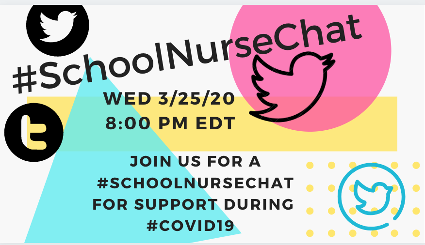 <a href="/schoolnurses/">NASN, Inc.</a> @TxSchlNurses <a href="/NEschoolnurses/">Nebr. School Nurses</a> <a href="/CoSchoolNurses/">Co School Nurses</a> <a href="/INschoolnurse/">Indiana Association of School Nurses</a> @oasn1075 <a href="/NJSSNA1/">NJSSNA</a> <a href="/NHSNA1/">NHSNA</a> <a href="/MSNOmass/">MSNO</a> 
<a href="/Lkern12/">Lisa Kern RN</a> <a href="/AmidonChris/">Chris Amidon she/her/hers</a> <a href="/SchoolNurseT/">School Nurse T</a> &amp; I will be hosting a special #SchoolNurseChat to support each other during #COVID19. Wed evening 3/25 at 8pm ET. Please share!