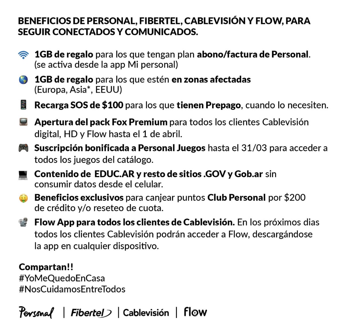 🆕Beneficios de Personal, Fibertel Cablevisión y Flow para seguir conectados y comunicados. 
#YoMeQuedoEnCasa #NosCuidamosEntreTodos 🏠💻🍿📱🌐🤙