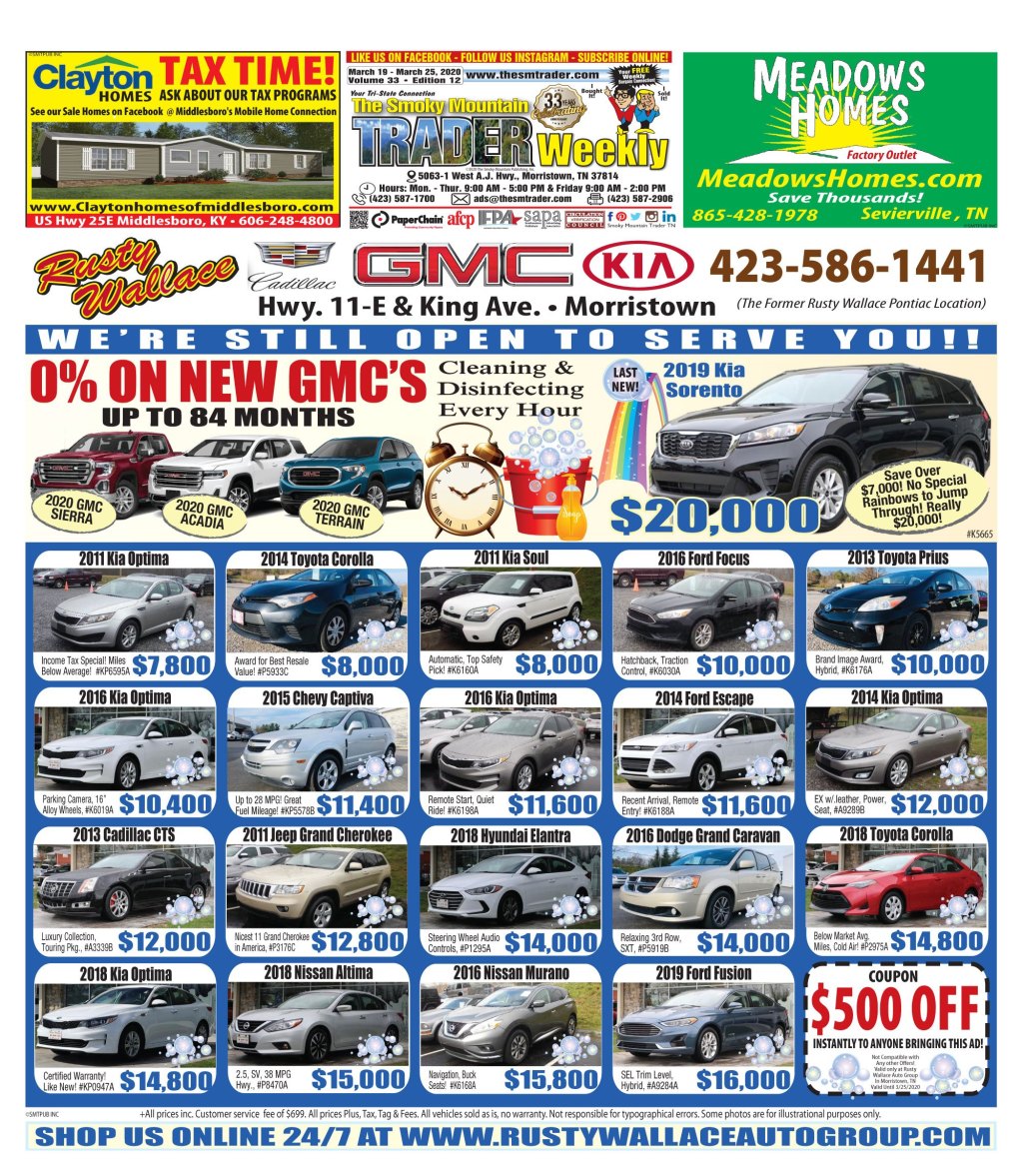 SmkyMtnTrader's tweet photo. The March 19, 2020 issue of The Smoky Mountain Trader is now online. This week features Rusty Wallace Auto Group of Morristown, TN on the front. #SmkyMtnTrader https://t.co/qG5kFZo86a https://t.co/eh1SSi3aPz