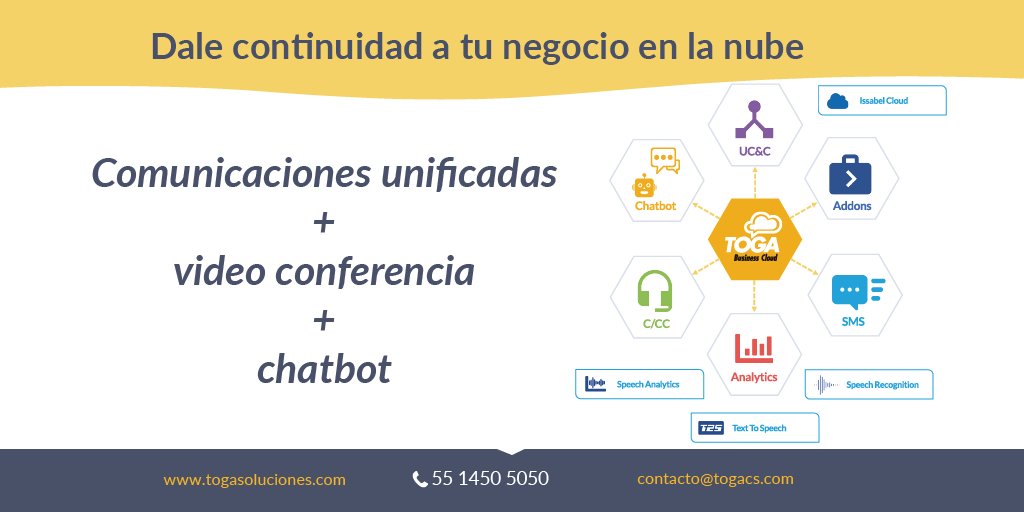 togasoluciones's tweet photo. #AI, #UC y #Videoconferencia, los aliados que tu empresa necesitan para hacer frente al #Coronavirus. Contáctanos y descubre cómo podemos ayudarte darle continuidad a tu negocio protegiendo la salud de tus empleados. #TOGAMeet #CX #COVID19 #Cloud 👉 https://t.co/JoYVBwuXVj https://t.co/jiZwW7y5ps