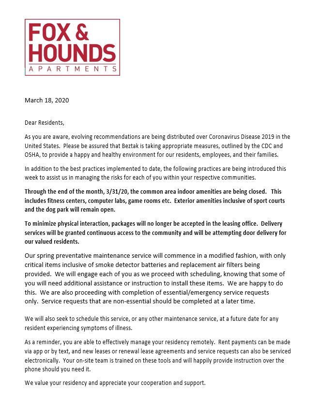 Hey residents! Please read the attached letter in regards to the current situation we are experiencing, thank you for your understanding!