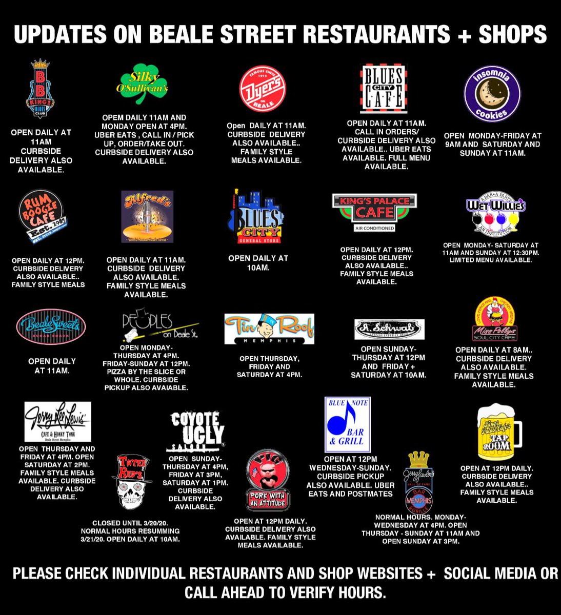 Beale Street is open and still has great food options to choose from either in our restaurants, while practicing the safe social distancing standards, or curb side &amp; to go pick up available!