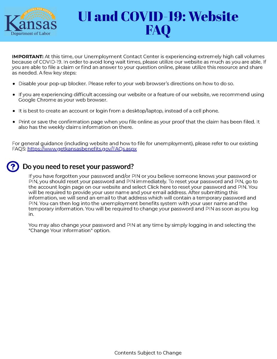 **UPDATED 3/18/2020**

If you are not working or working reduced hours due to COVID-19, you may be eligible for Unemployment Insurance (UI) benefits.

Apply online at GetKansasBenefits.gov

#KSDOL #KSWorks #COVID19