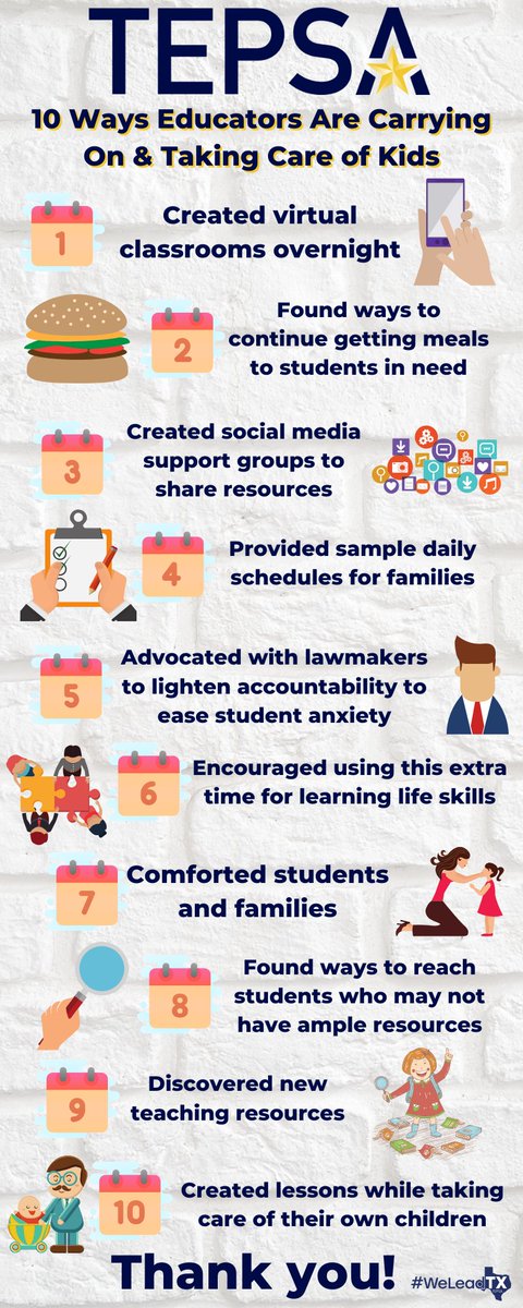 TEPSAtalk's tweet photo. Over the past week we’ve seen many ways educators are carrying on and taking care of kids. Here are 10 that we’ve been proud to witness! Share in the replies another way that YOU are taking care of your students!

#WeLeadTX #TXed #coronavirus #kidsdeserveit #TLAP #LeadLAP https://t.co/9MuSpCZ6zi