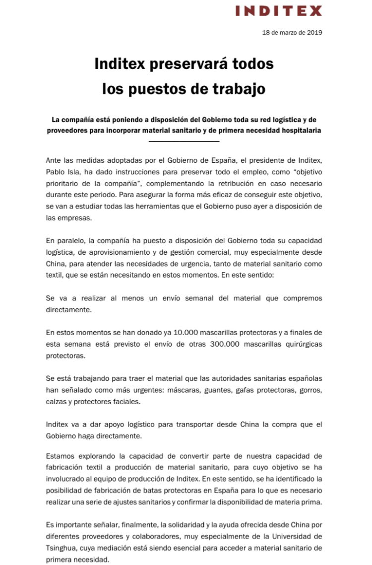 La dirección de #comunicación #corporativa de #Inditex dedica grandísimos esfuerzos a la comunicación interna. Pero cada vez q hacen comunicación externa es para dar excelentes noticias. @CoronaVid19. Gran empresa, Jesús Echevarría. <a href="/DircomSpain/">Dircom</a> <a href="/DircomGAL/">Dircom Galicia</a>