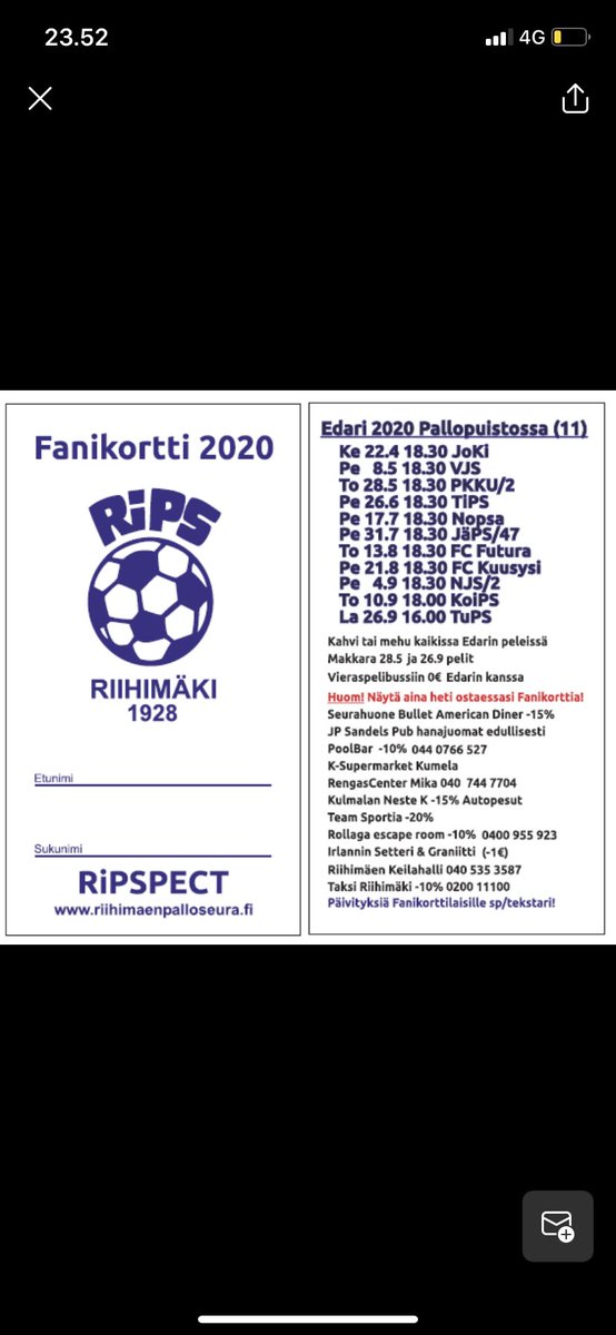 _eelis's tweet photo. @akiriihilahti Kiinnostaako Riihimäen Palloseuran kannattajakortti? Hinta 20€ mahtavat edut! https://t.co/hUiBB7ayIj