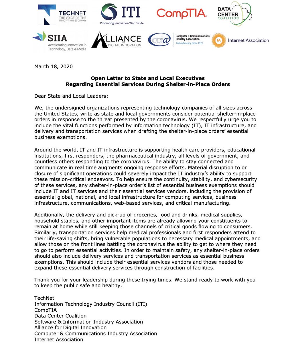 TechNet, @ITI_TechTweets, @CompTIA, Data Center Coalition, @SIIA, @4DigInnovation, @ccianet, & @InternetAssn urged state & local leaders to exempt certain tech workers from shelter-in-place orders, as IT & delivery/transportation services serve vital functions during #coronavirus