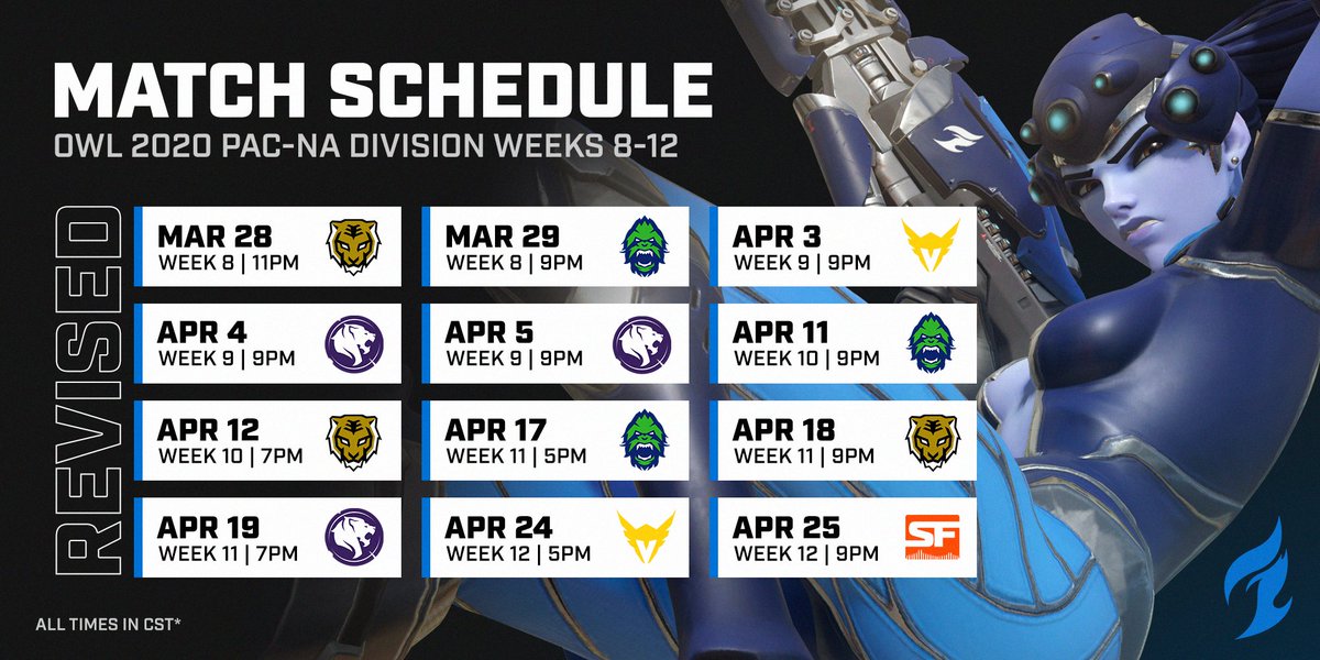 DallasFuel's tweet image. The Fuel is coming back to #playwithfire. 

Here's our newly revised schedule for weeks 8-12 of #OWL2020!