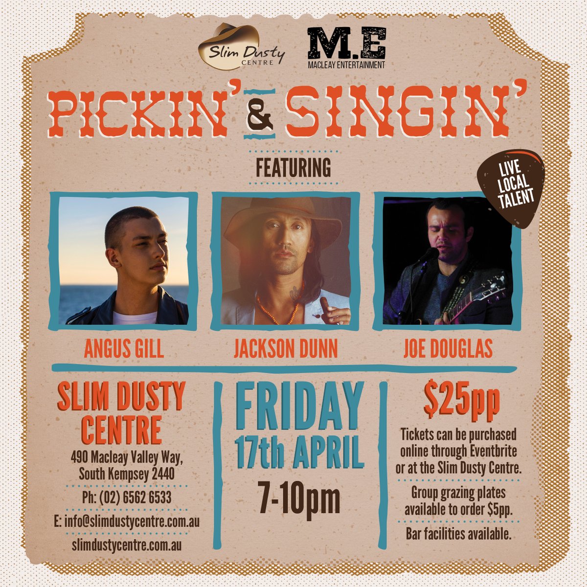 Introducing Pickin' &amp; Singin' - a night of live music with Golden Guitar nominee Angus Gill, slide extraordinaire Jackson Dunn and local talent Joe Douglas. Kicking off on Friday 17th April at 7pm.

Call us on (02) 6562 6533 for ticket sales and more information. #SlimDustyCentre