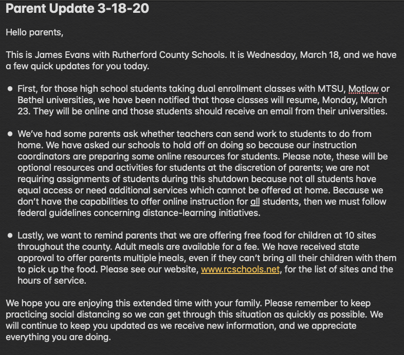 rucoschools's tweet photo. Parents,
Please see today’s update for informaiton about dual enrollment classes resuming March 23; information about distance-learning opportunities; and info about the free food program for students. 

This is also being sent to parents via phone and email this evening. https://t.co/onG9O6Px8o